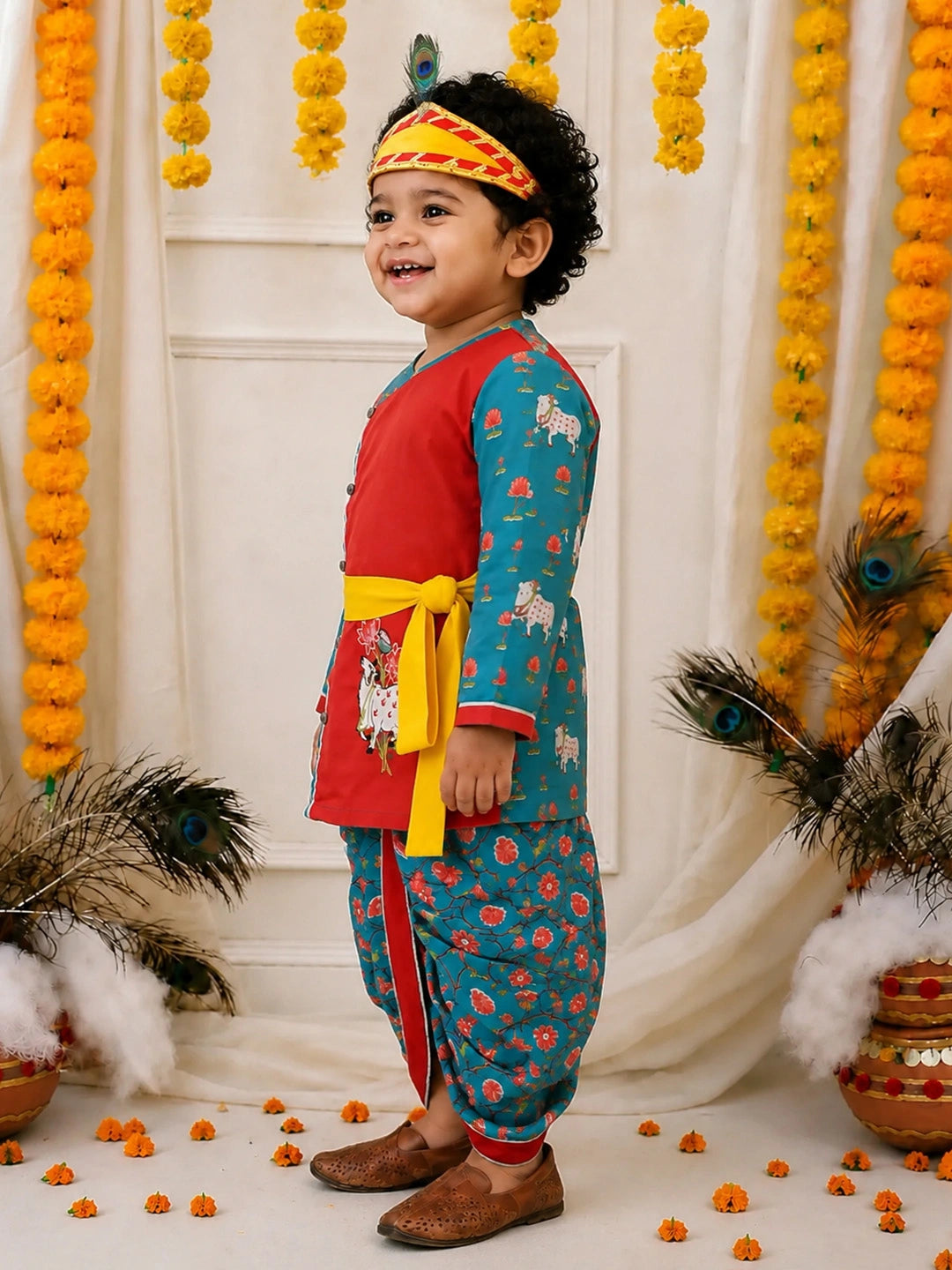 BownBee Pure Cotton Embroidered Dhoti Kurta With Bansuri , Mukut & Belt Set For Boys