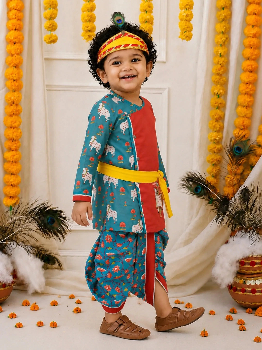 BownBee Pure Cotton Embroidered Dhoti Kurta With Bansuri , Mukut & Belt Set For Boys