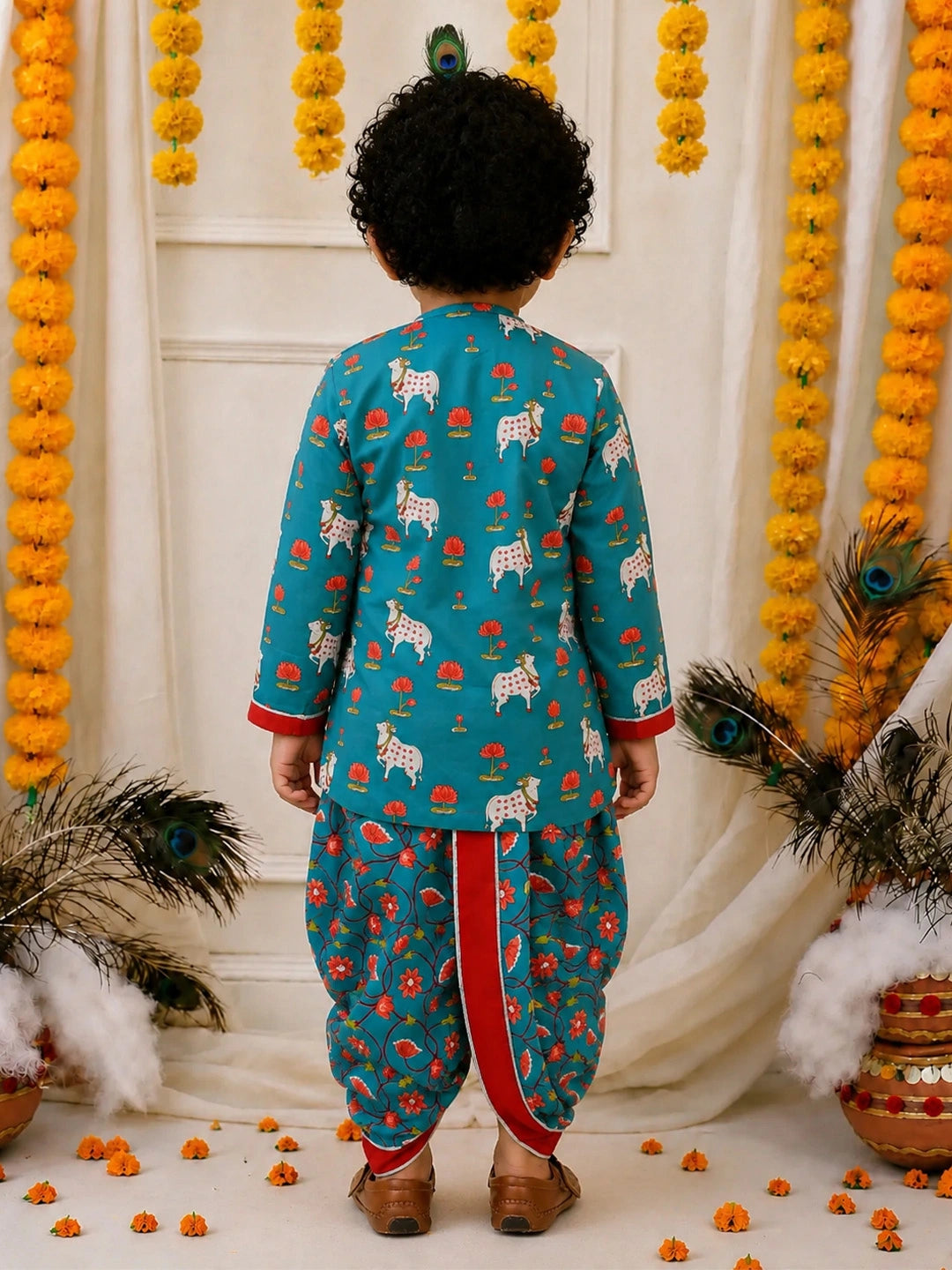 BownBee Pure Cotton Embroidered Dhoti Kurta With Bansuri , Mukut & Belt Set For Boys