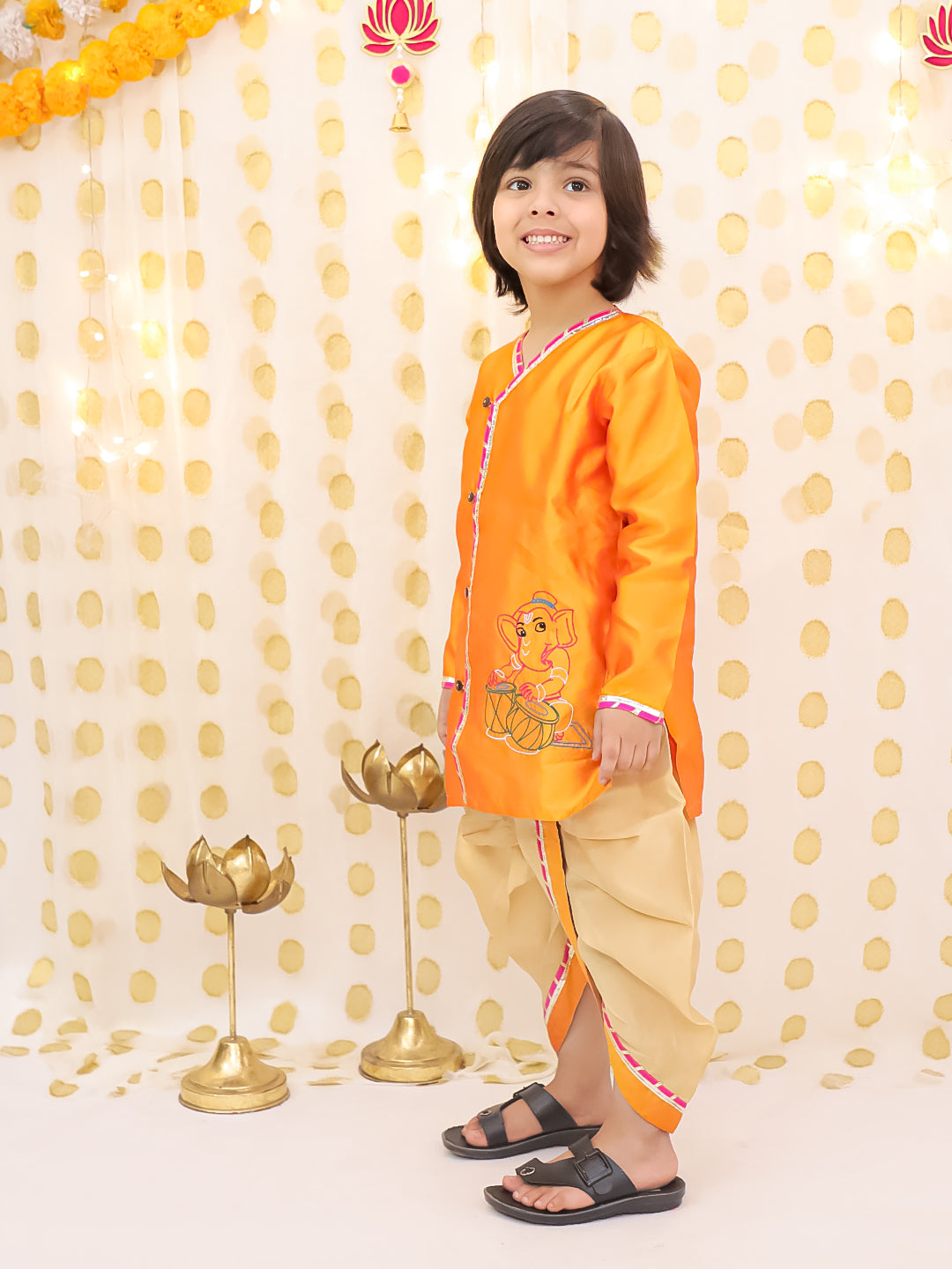 BownBee Silk Tafetta Kurta Dhoti Set For Boys - Orange