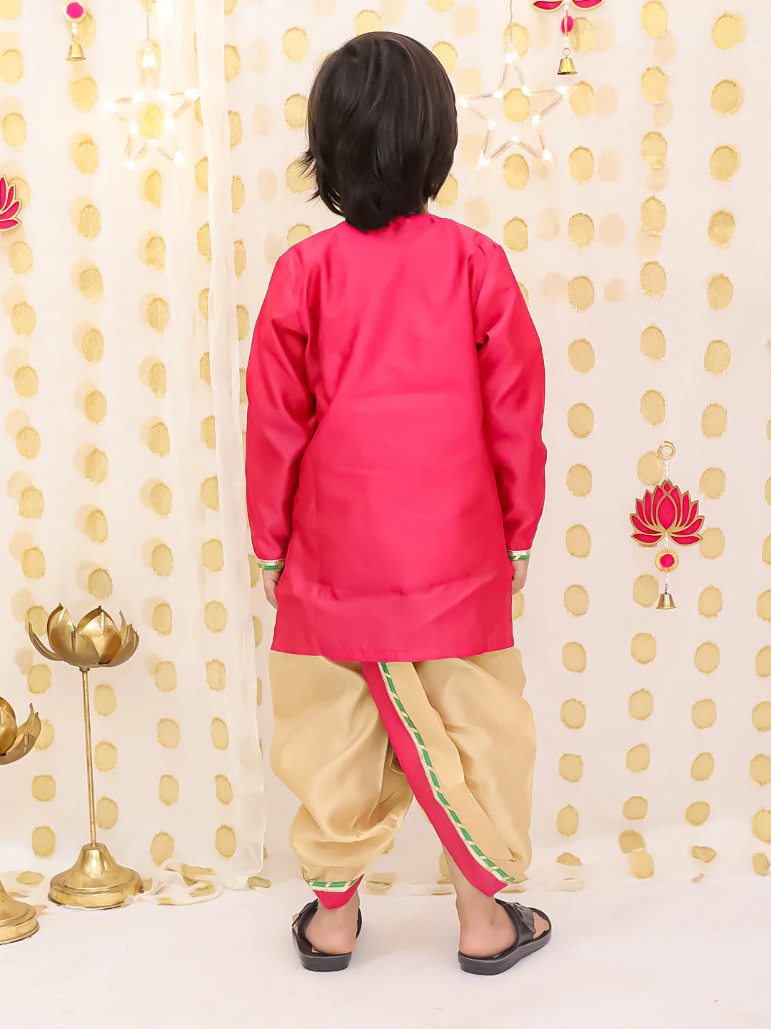 BownBee Embroidered Silk Tafetta Kurta Dhoti  Sibling Set Pink & Orange Combo