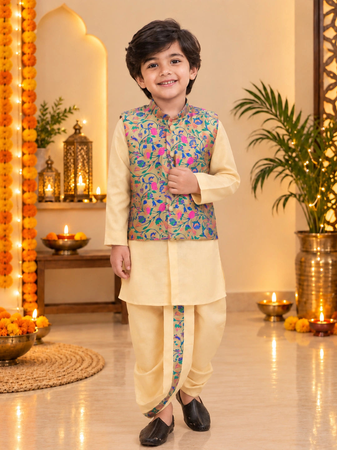 BownBee Festive Jacquard jacket With Solid Dhoti Kurta Set For Boys - Beige