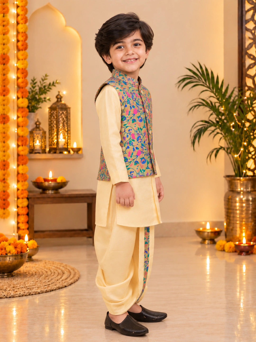 BownBee Festive Jacquard jacket With Solid Dhoti Kurta Set For Boys - Beige