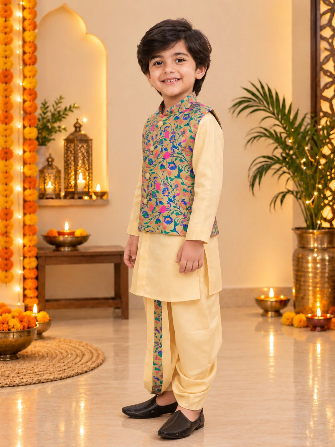 BownBee Festive Jacquard jacket With Solid Dhoti Kurta Set For Boys - Beige