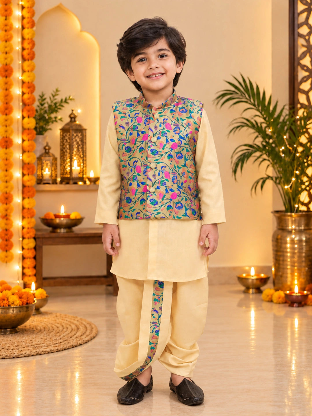 BownBee Festive Jacquard jacket With Solid Dhoti Kurta Set For Boys - Beige