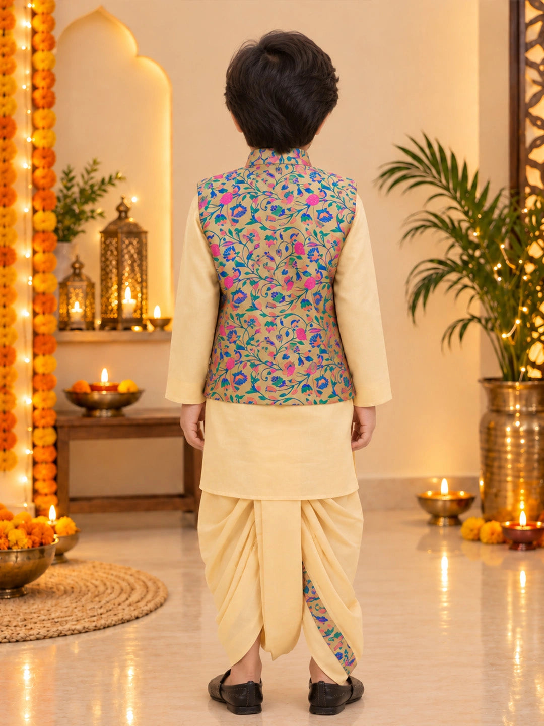 BownBee Festive Jacquard jacket With Solid Dhoti Kurta Set For Boys - Beige