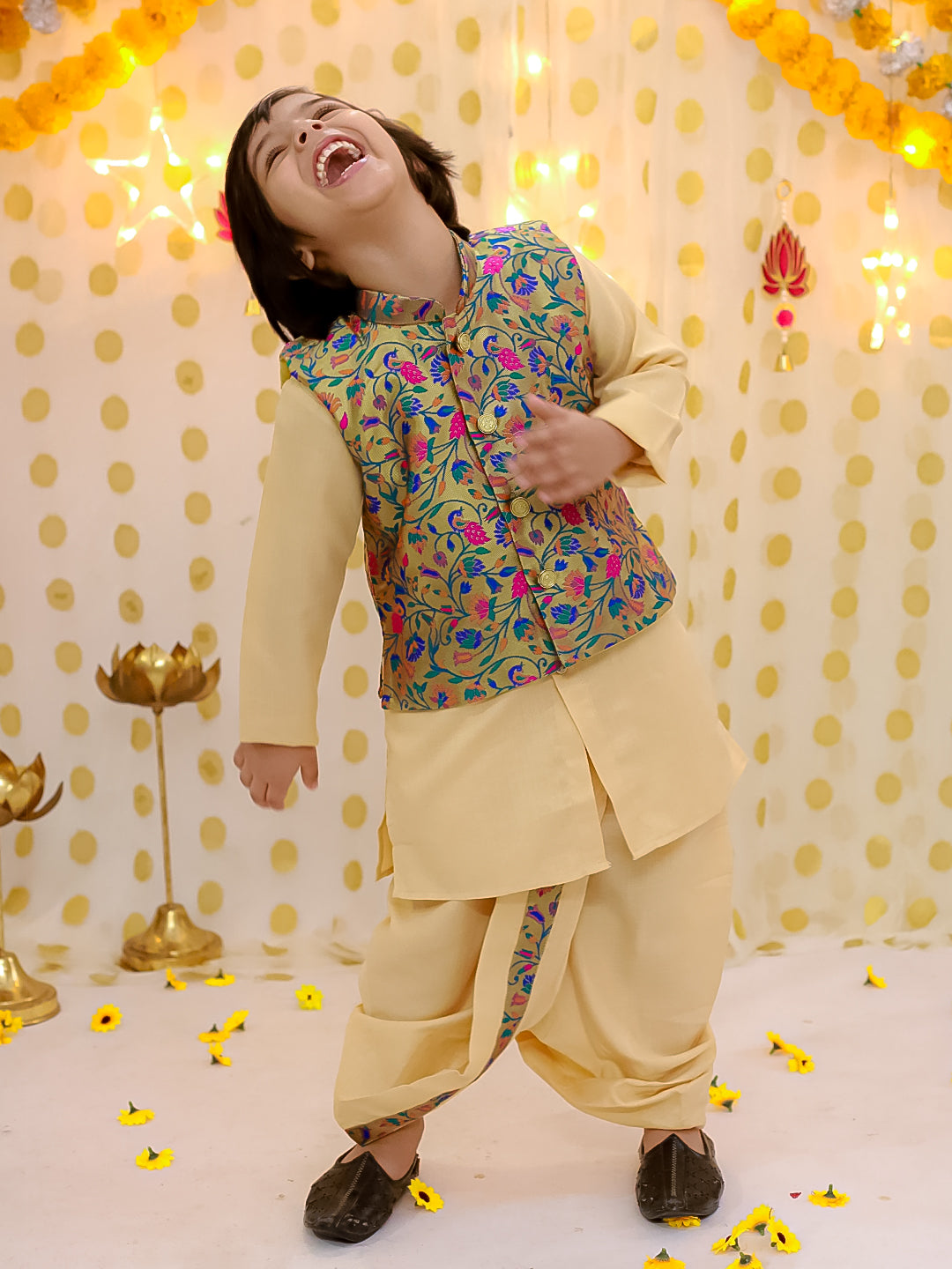 BownBee Festive Jacquard jacket With Solid Dhoti Kurta Set For Boys - Blue