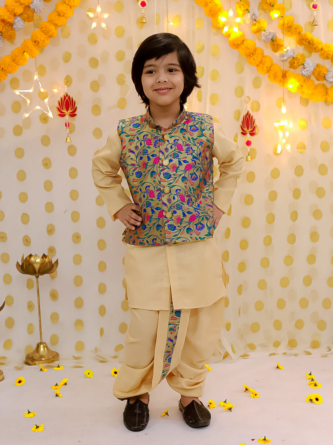 BownBee Festive Jacquard jacket With Solid Dhoti Kurta Set For Boys - Blue