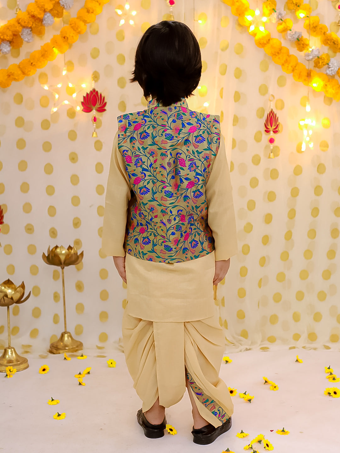 BownBee Festive Jacquard jacket With Solid Dhoti Kurta Set For Boys - Blue