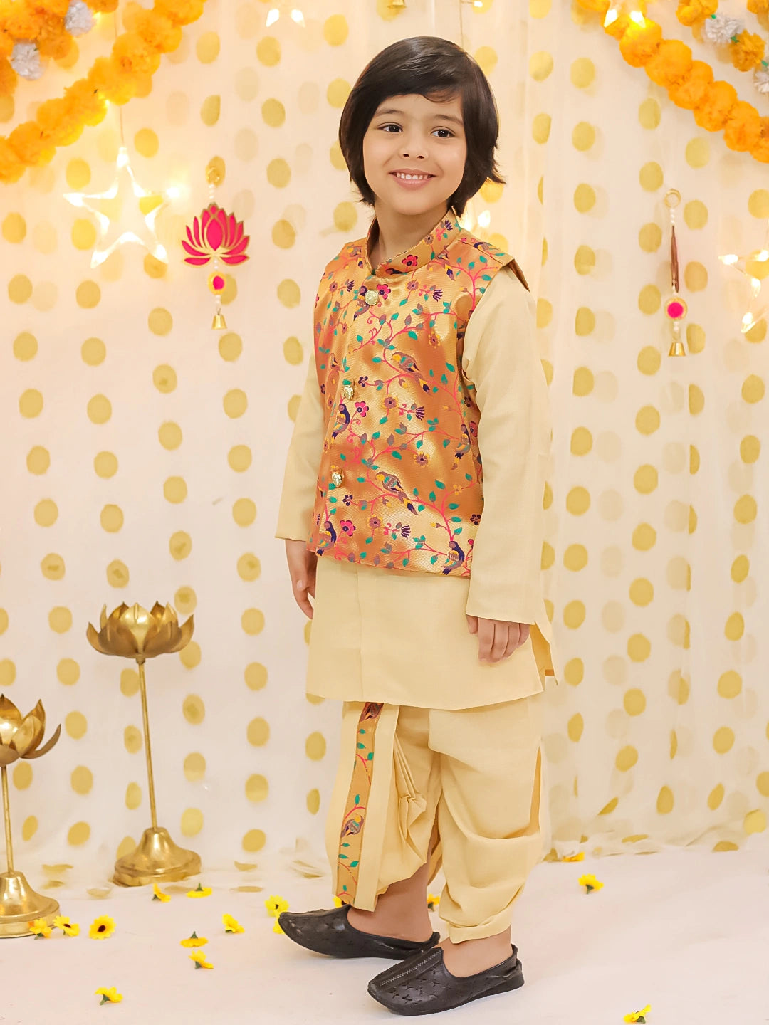 BownBee Festive Jacquard jacket With Solid Dhoti Kurta Set For Boys - Golden