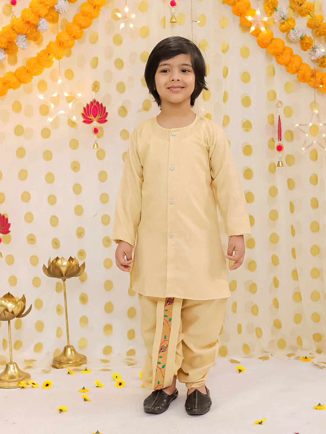 BownBee Festive Jacquard jacket With Solid Dhoti Kurta Set For Boys - Golden