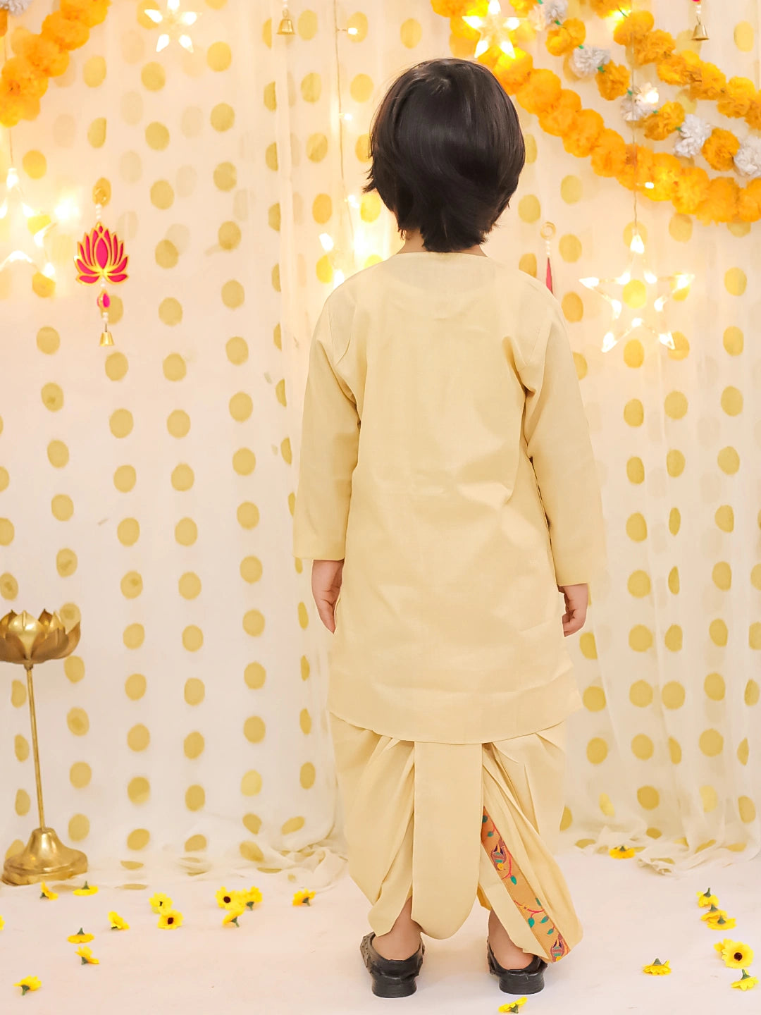 BownBee Festive Jacquard jacket With Solid Dhoti Kurta Set For Boys - Golden