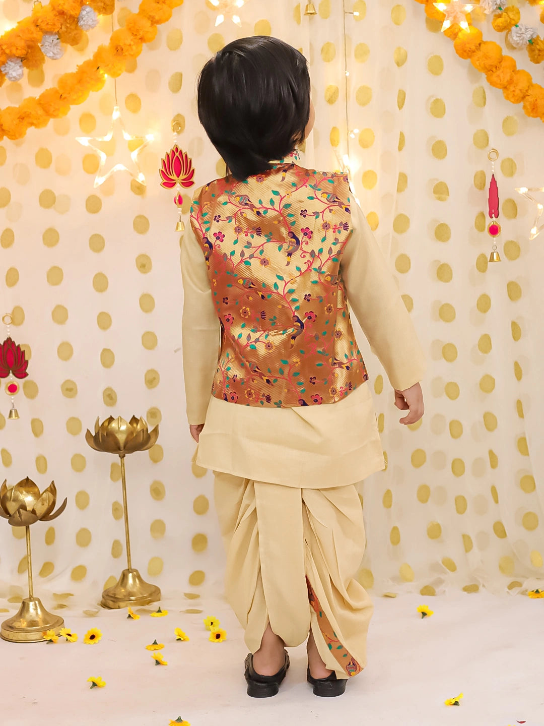 BownBee Festive Jacquard jacket With Solid Dhoti Kurta Set For Boys - Golden