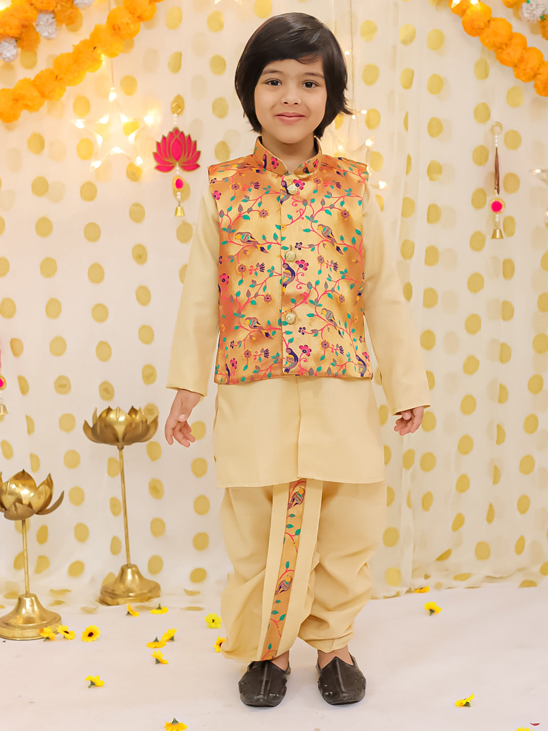 BownBee Festive Jacquard jacket With Solid Dhoti Kurta Set For Boys - Golden