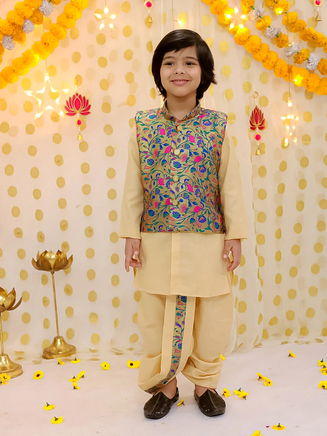 BownBee Festive Jacquard jacket With Solid Dhoti Kurta Set For Boys