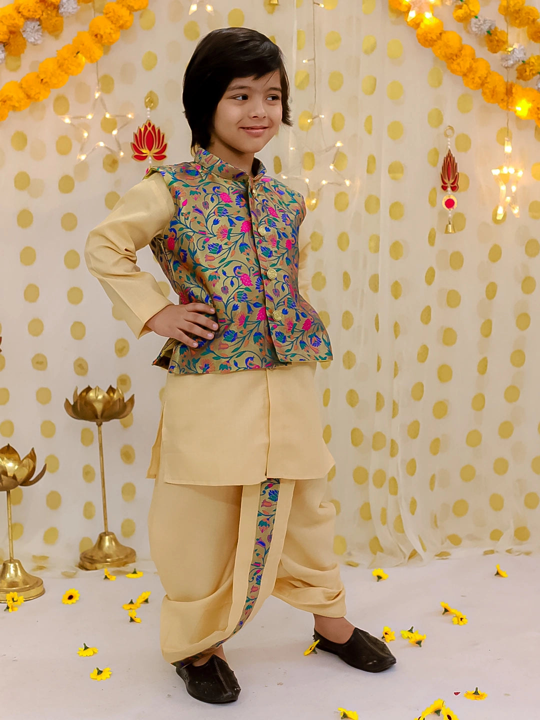 BownBee Festive Jacquard jacket With Solid Dhoti Kurta Set For Boys