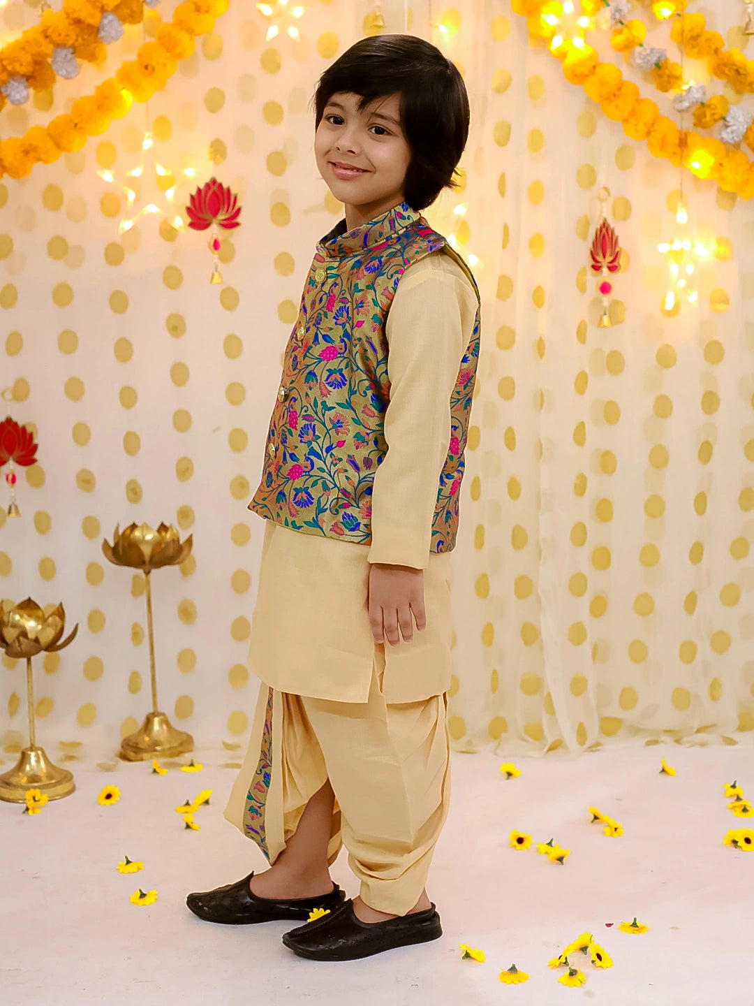 BownBee Festive Jacquard jacket With Solid Dhoti Kurta Set For Boys