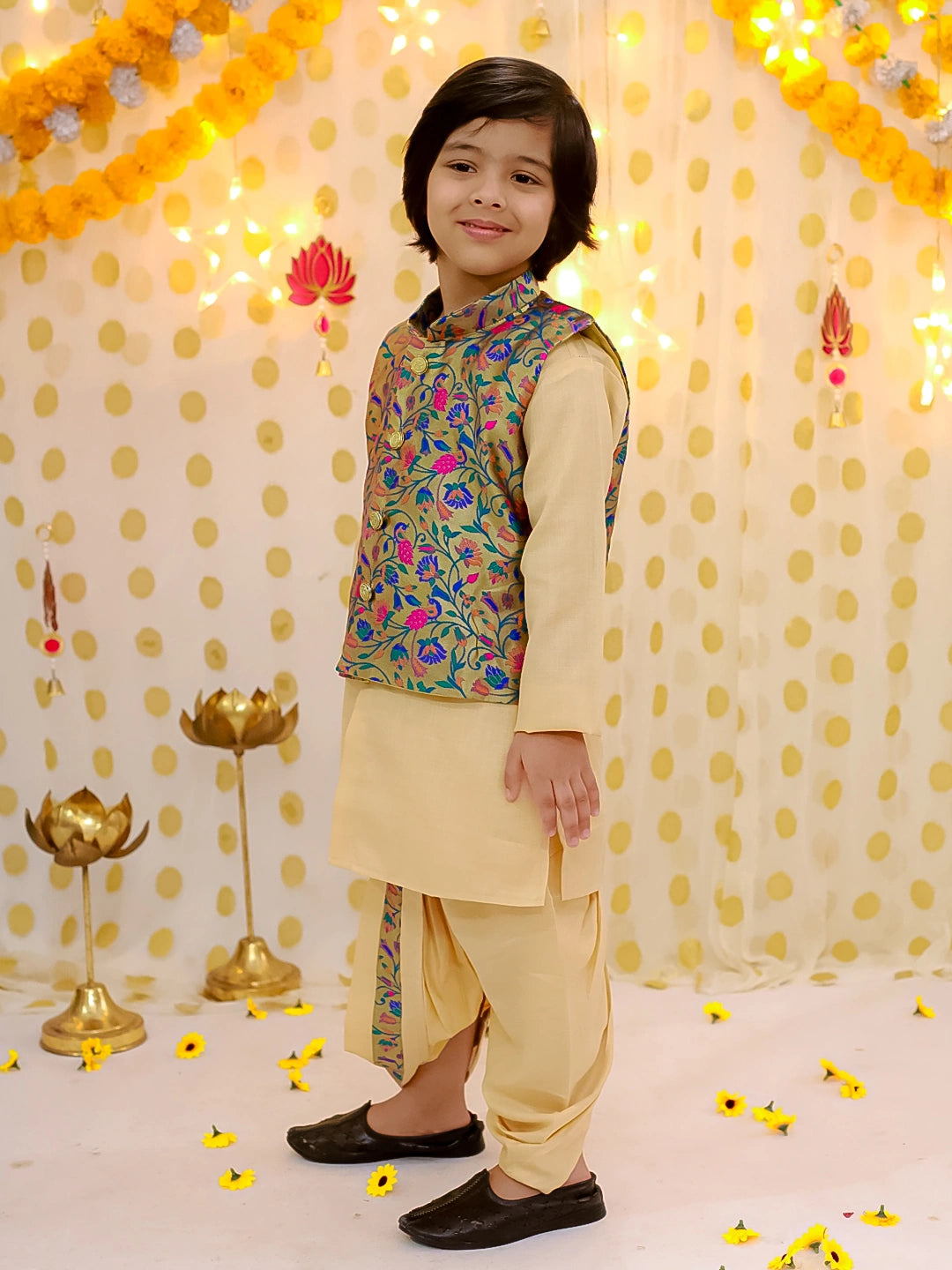 BownBee Festive Jacquard jacket With Solid Dhoti Kurta Set For Boys