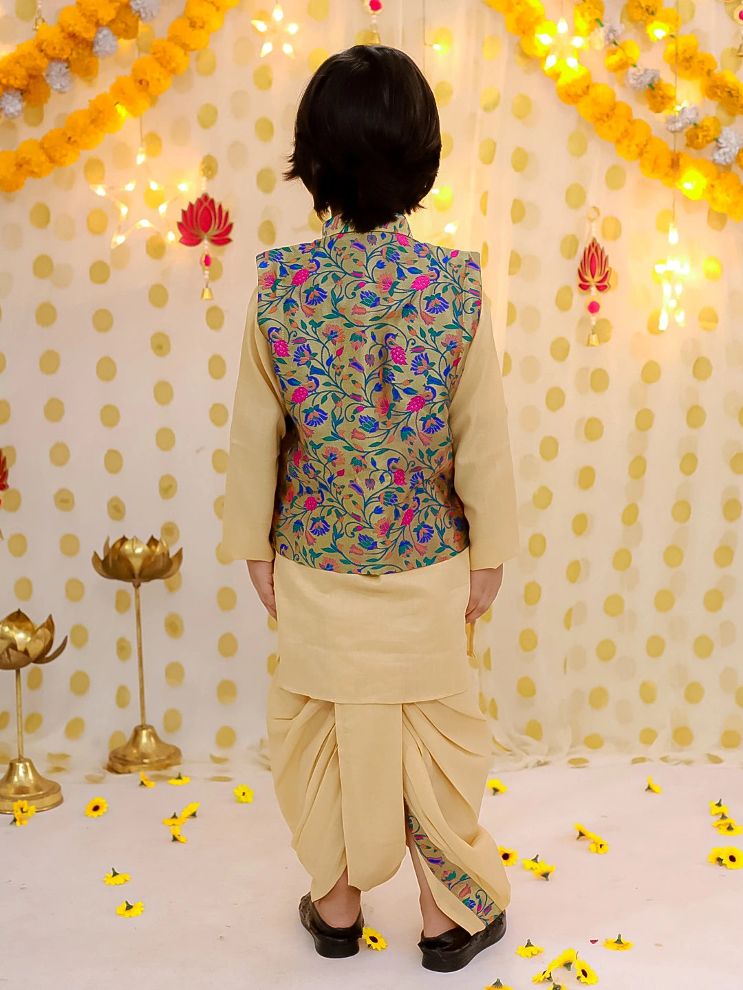 BownBee Festive Jacquard jacket With Solid Dhoti Kurta Set For Boys