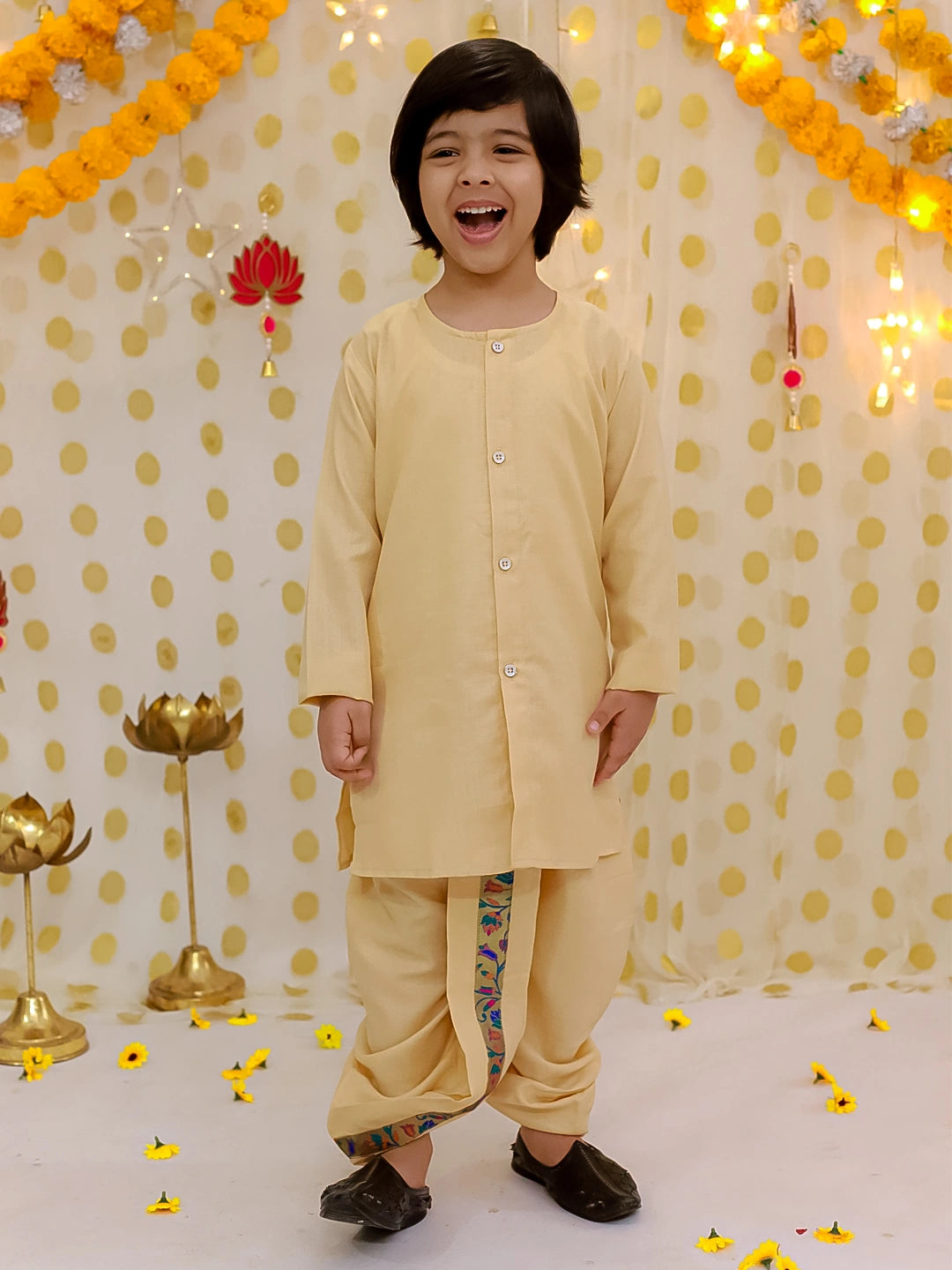 BownBee Festive Jacquard jacket With Solid Dhoti Kurta Set For Boys