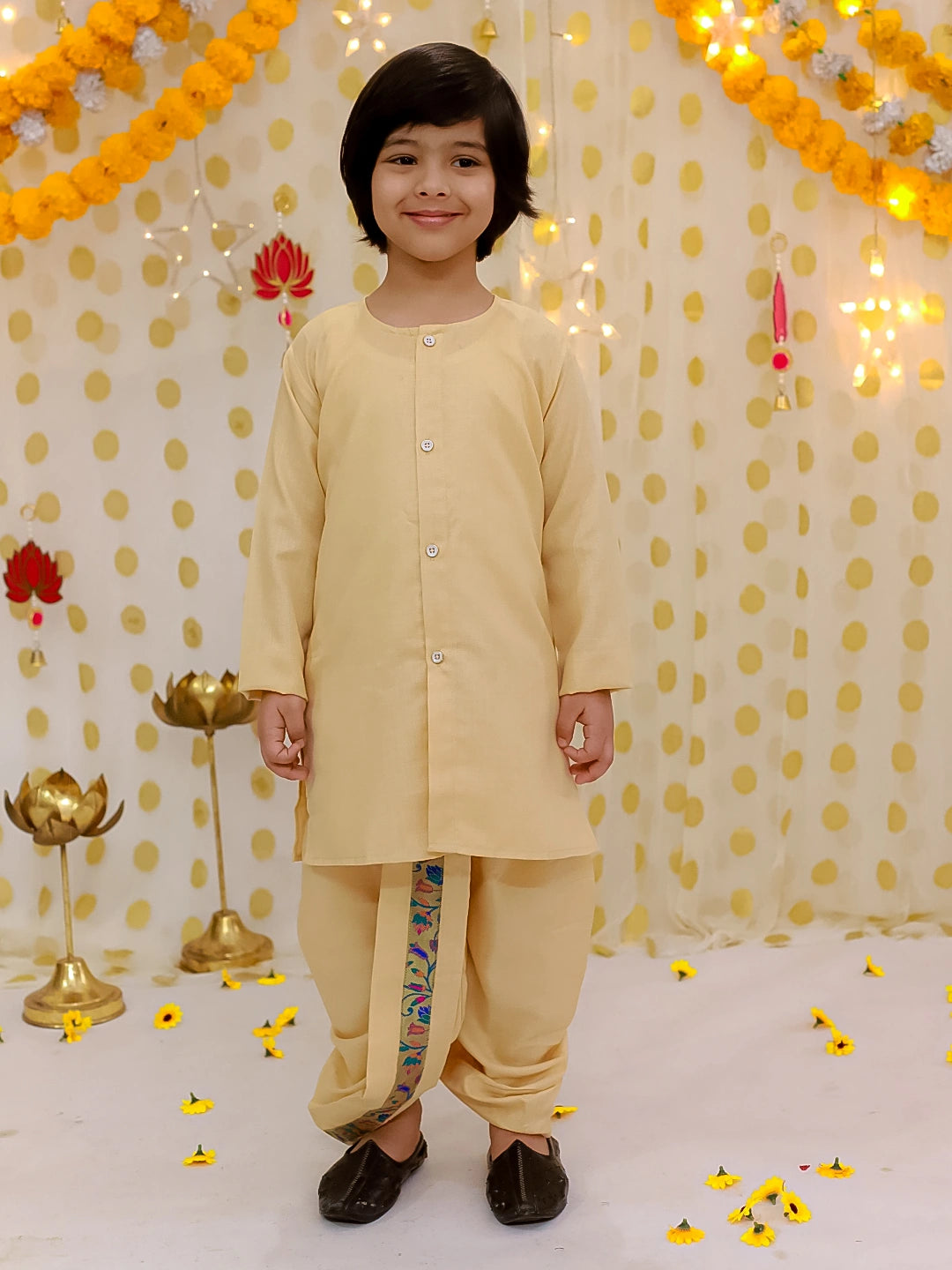 BownBee Festive Jacquard jacket With Solid Dhoti Kurta Set For Boys