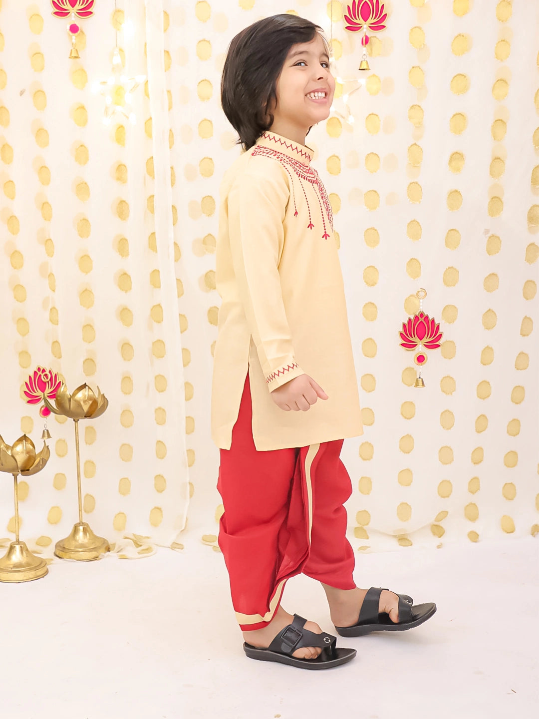 BownBee Embroidered Bengali Style Dhoti Kurta Set For Boys - Beige