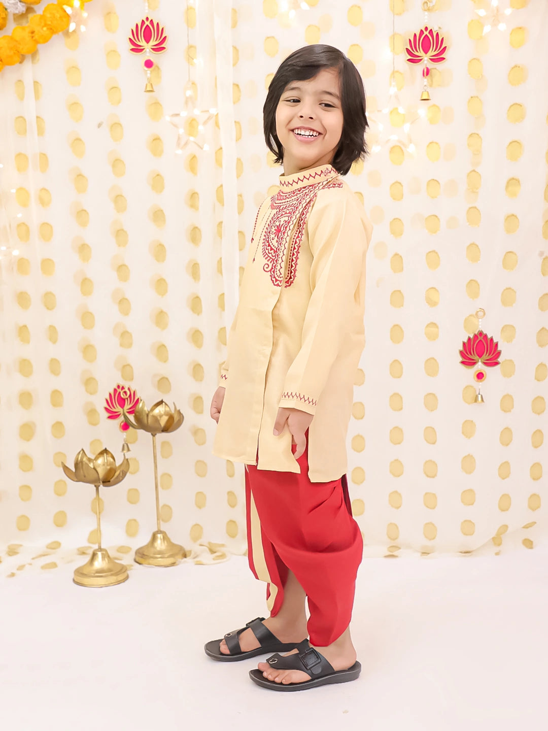 BownBee Embroidered Bengali Style Dhoti Kurta Set For Boys - Beige