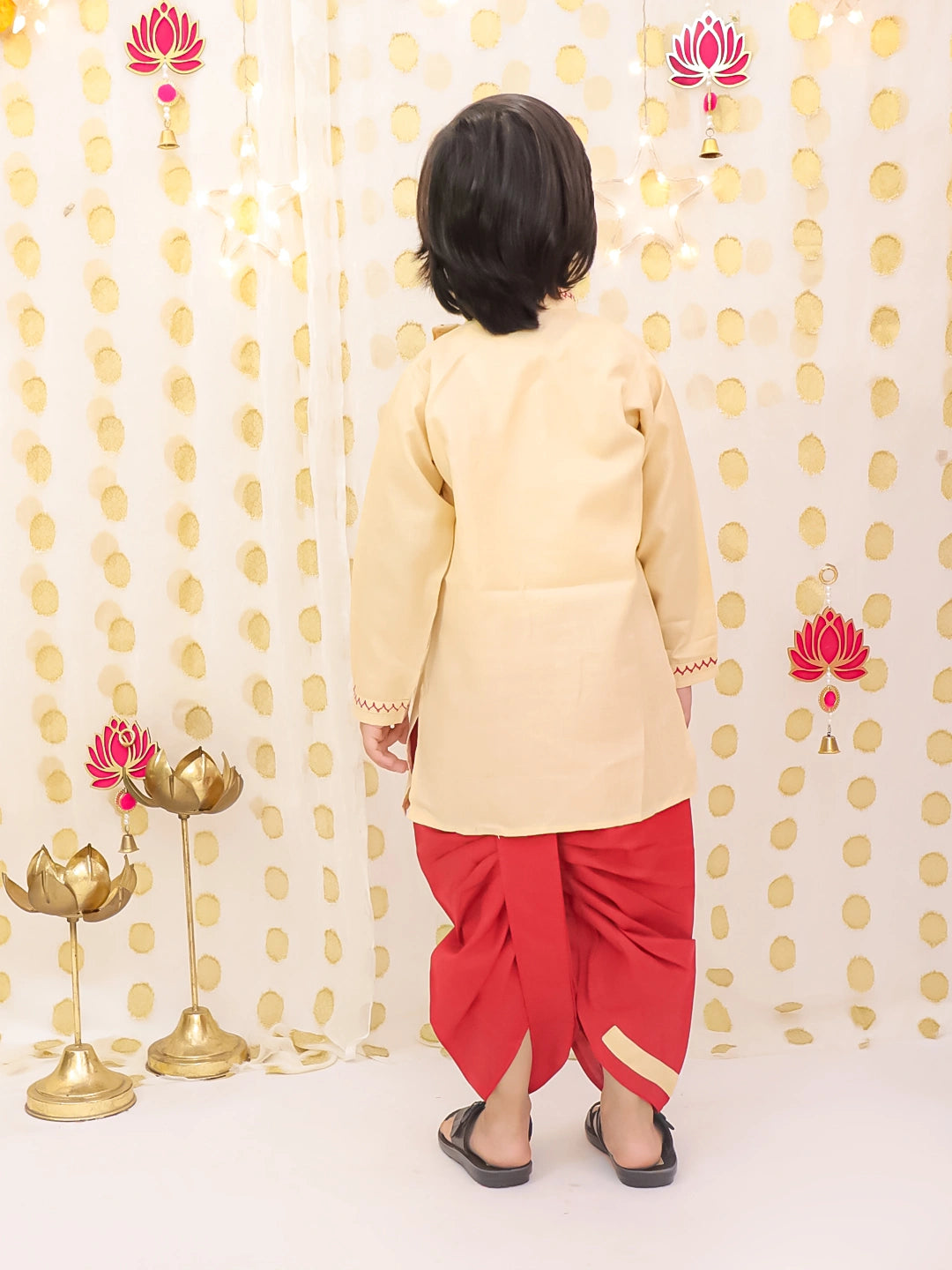 BownBee Embroidered Bengali Style Dhoti Kurta Set For Boys - Beige