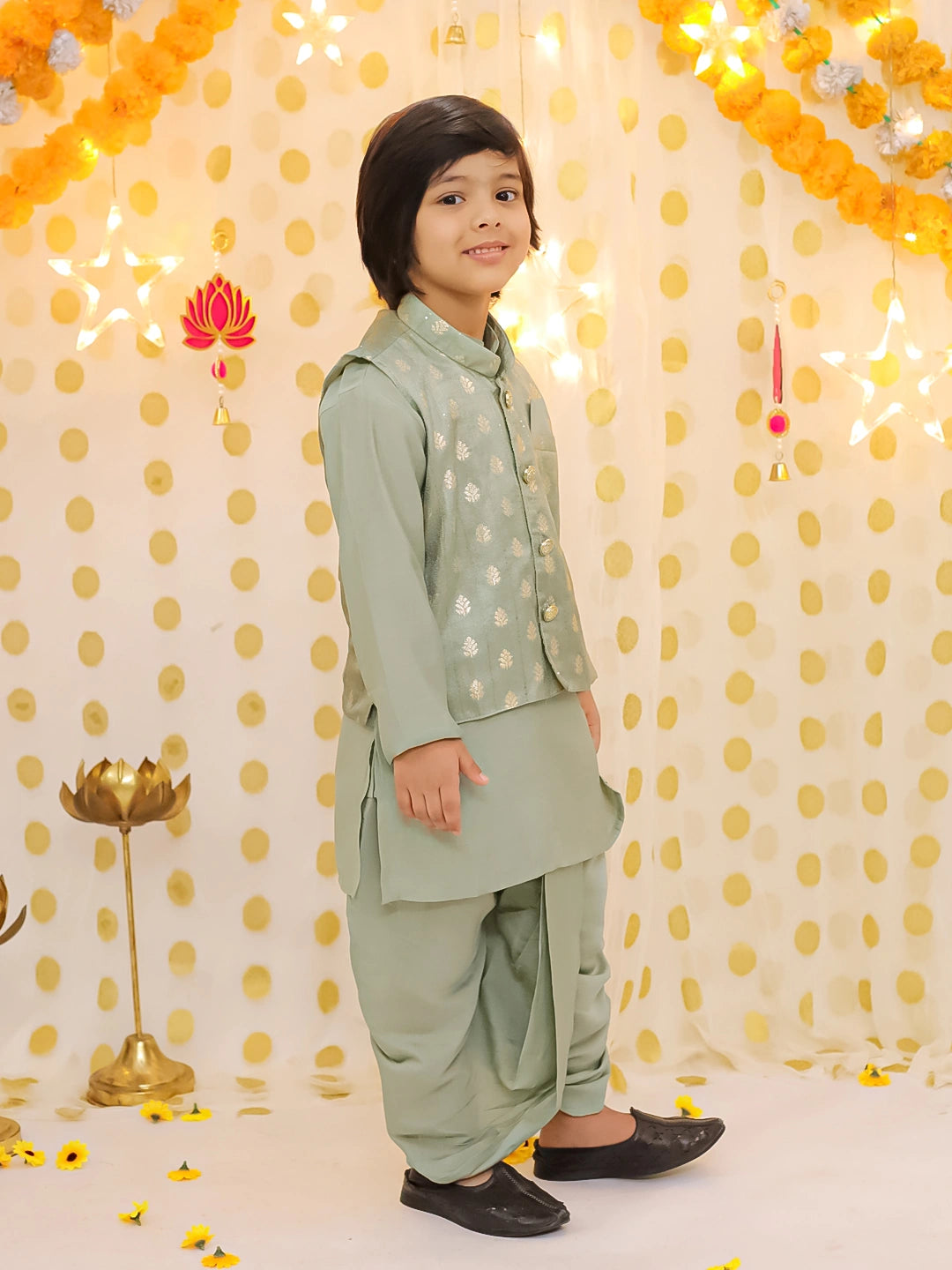 BownBee Festive Chanderi Jacket With Solid Dhoti Kurta Set For Boys - Green