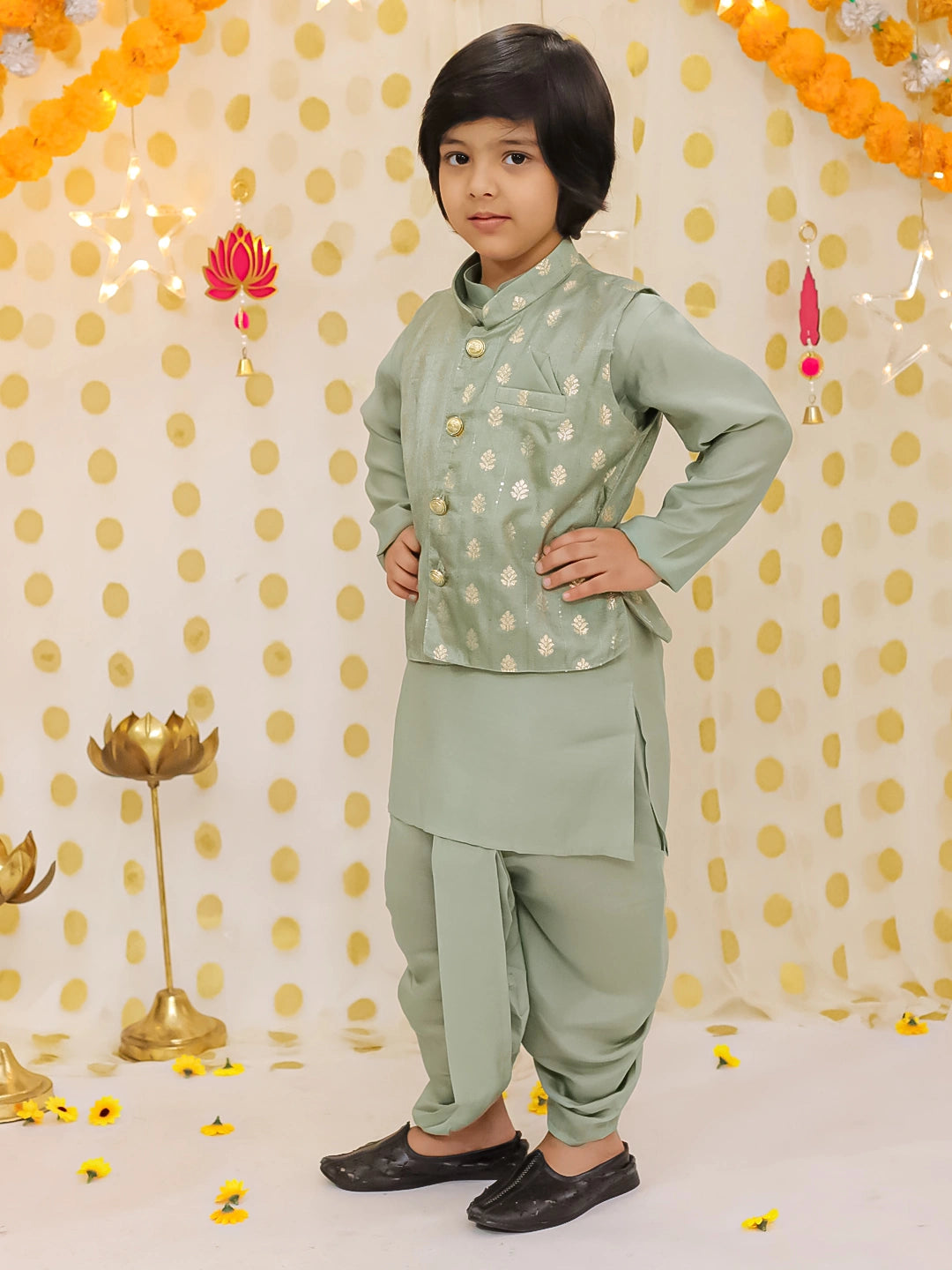 BownBee Festive Chanderi Jacket With Solid Dhoti Kurta Set For Boys - Green