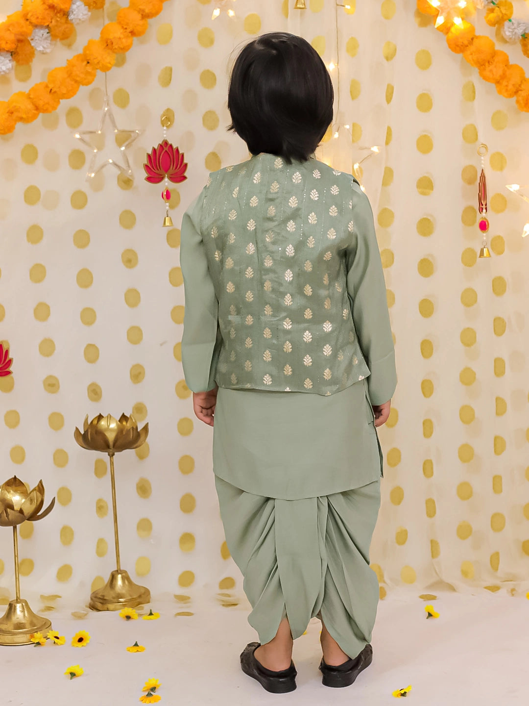 BownBee Festive Chanderi Jacket With Solid Dhoti Kurta Set For Boys - Green