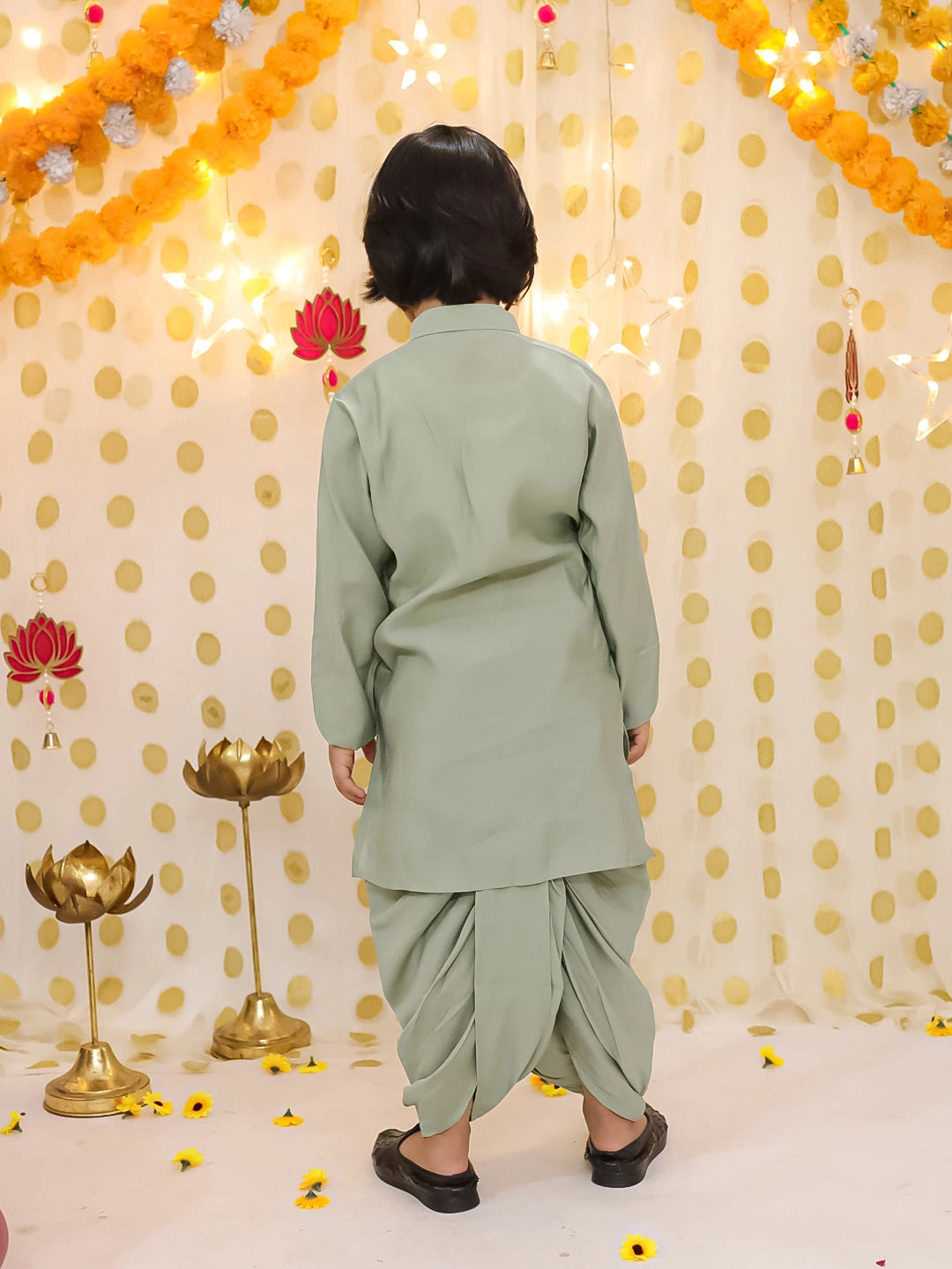BownBee Festive Chanderi Jacket With Solid Dhoti Kurta Set For Boys - Green