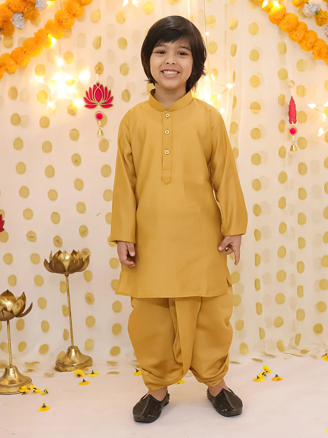 BownBee Festive Chanderi Jacket With Solid Dhoti Kurta Set For Boys