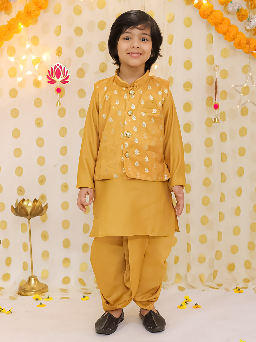 BownBee Festive Chanderi Jacket With Solid Dhoti Kurta Set For Boys - Mustard