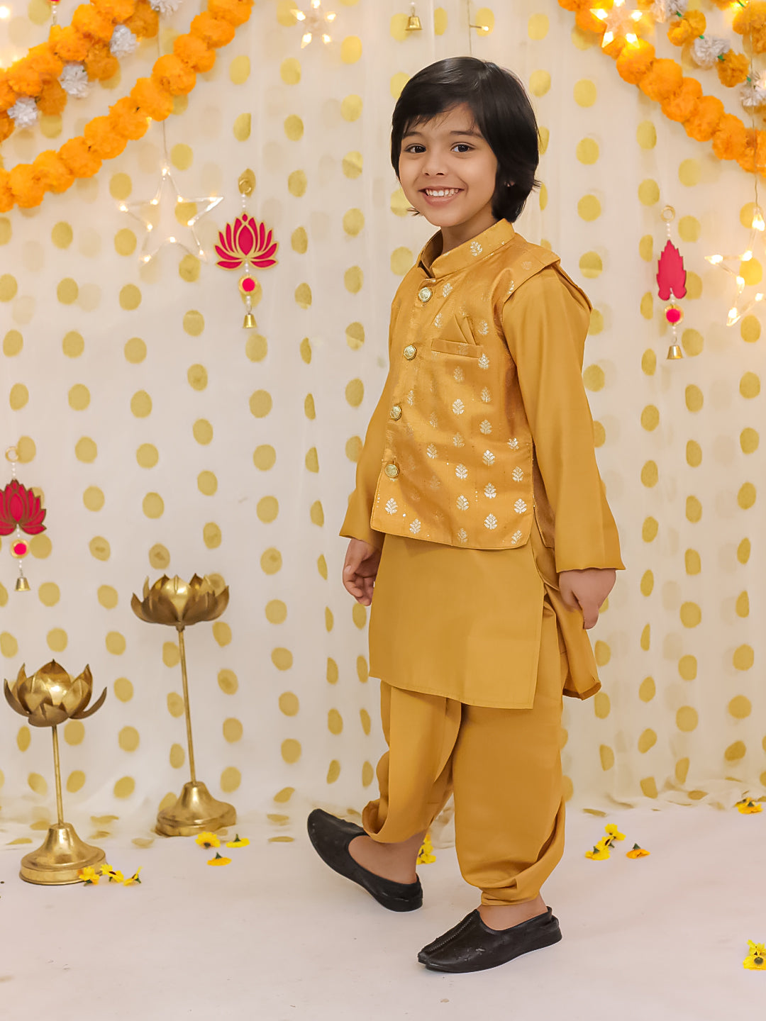 BownBee Festive Chanderi Jacket With Solid Dhoti Kurta Set For Boys - Mustard