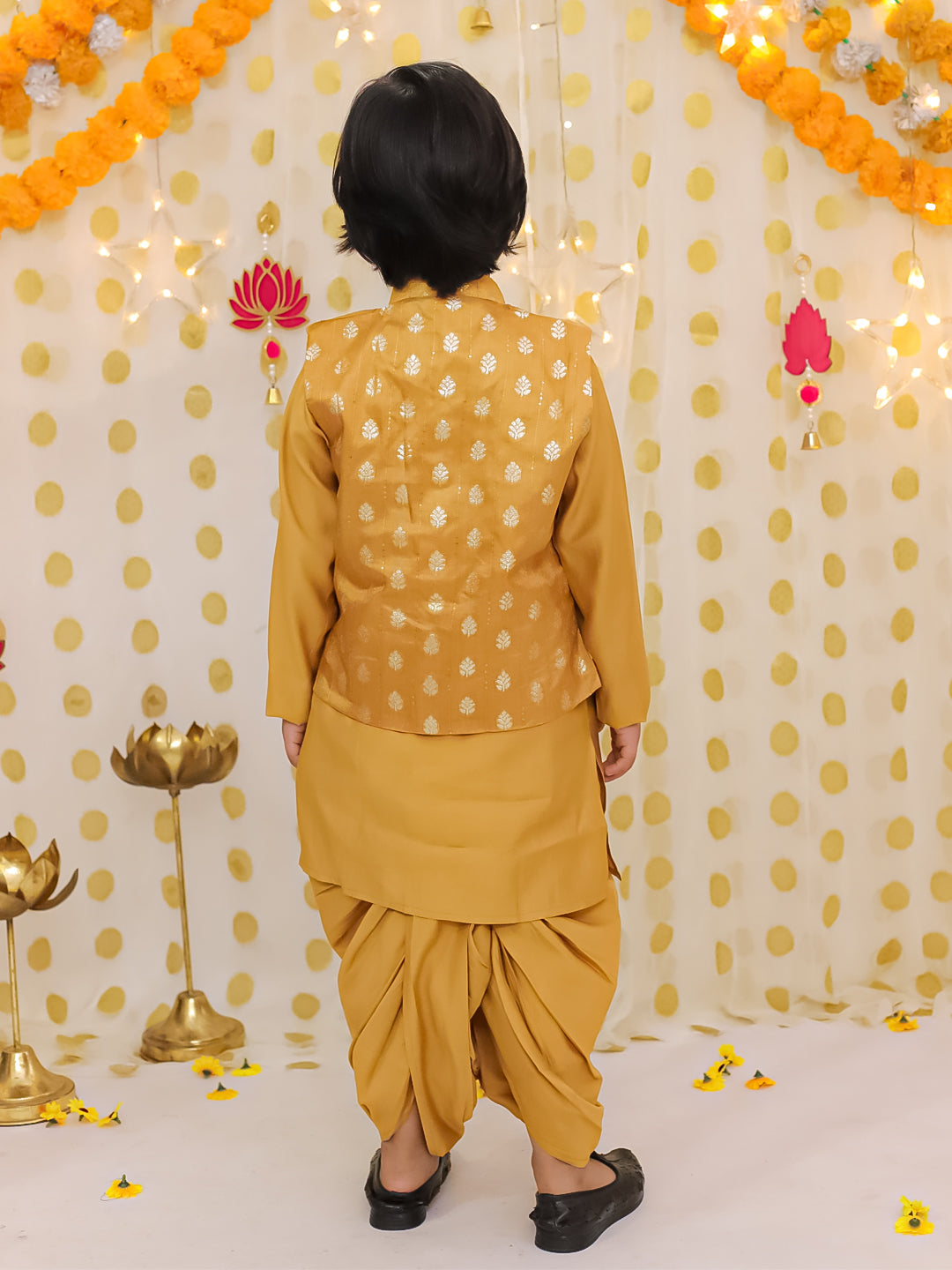 BownBee Festive Chanderi Jacket With Solid Dhoti Kurta Set For Boys - Mustard