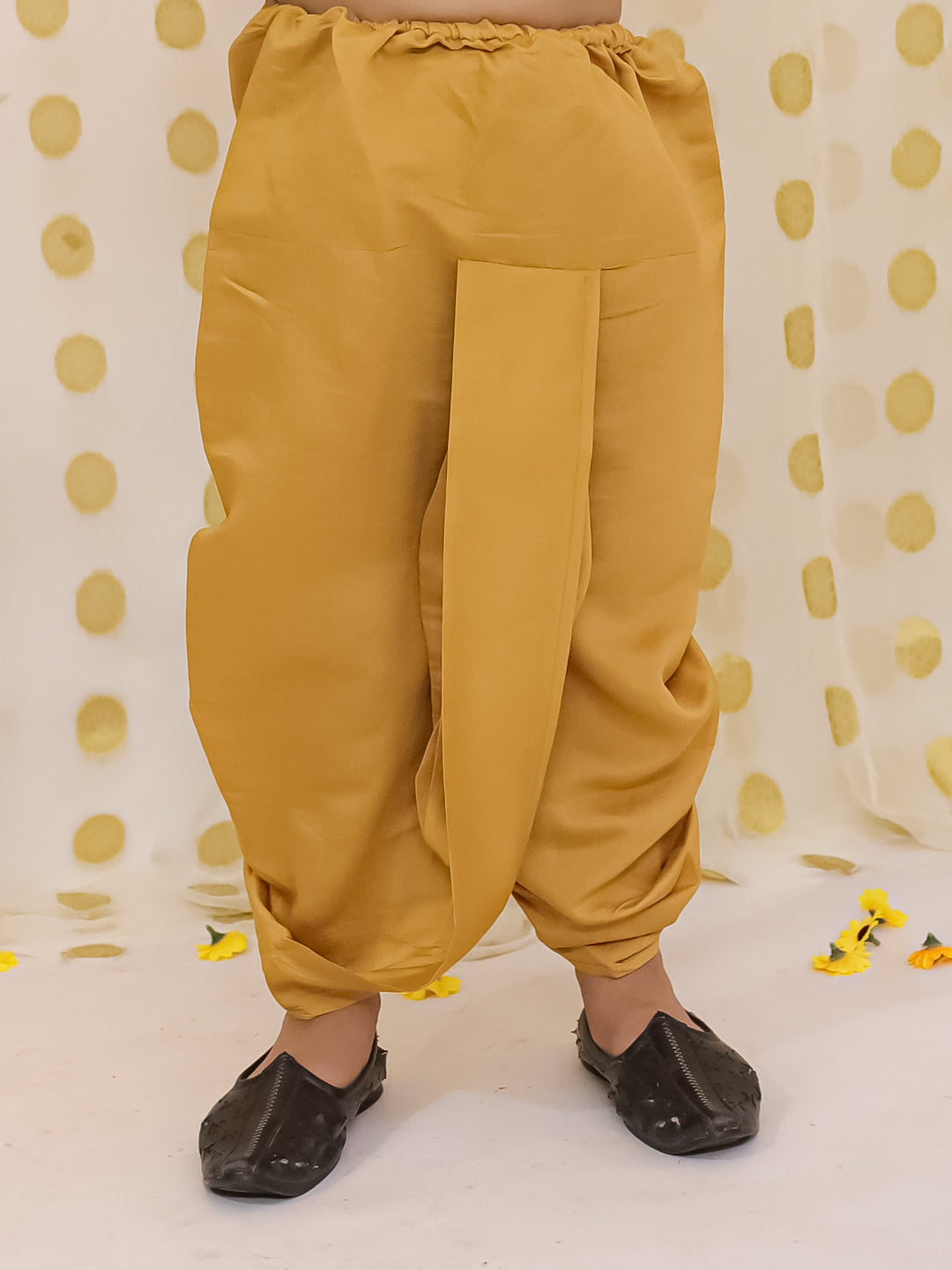 BownBee Festive Chanderi Jacket With Solid Dhoti Kurta Set For Boys - Mustard