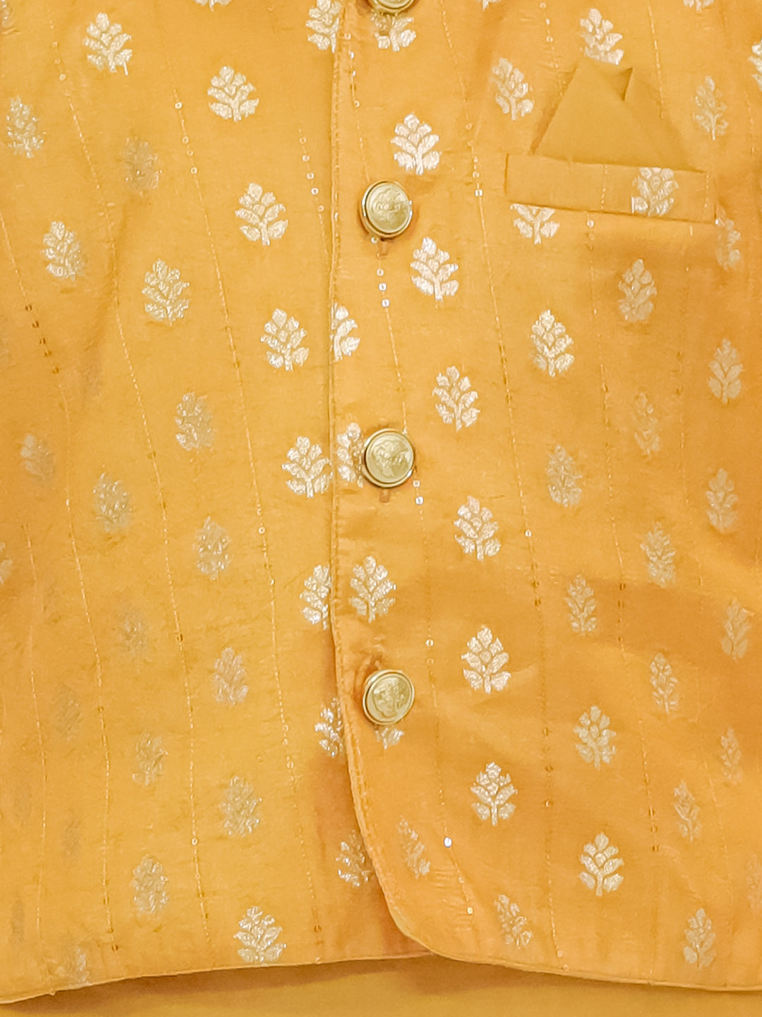 BownBee Festive Chanderi Jacket With Solid Dhoti Kurta Set For Boys - Mustard