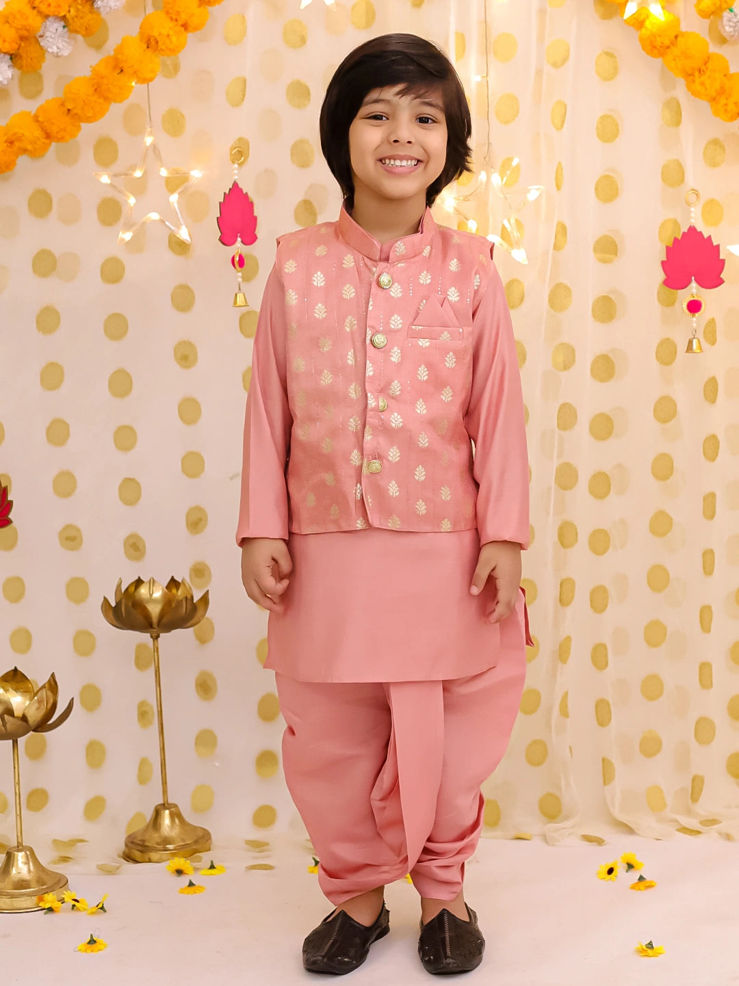 BownBee Festive Chanderi Jacket With Solid Dhoti Kurta Set For Boys