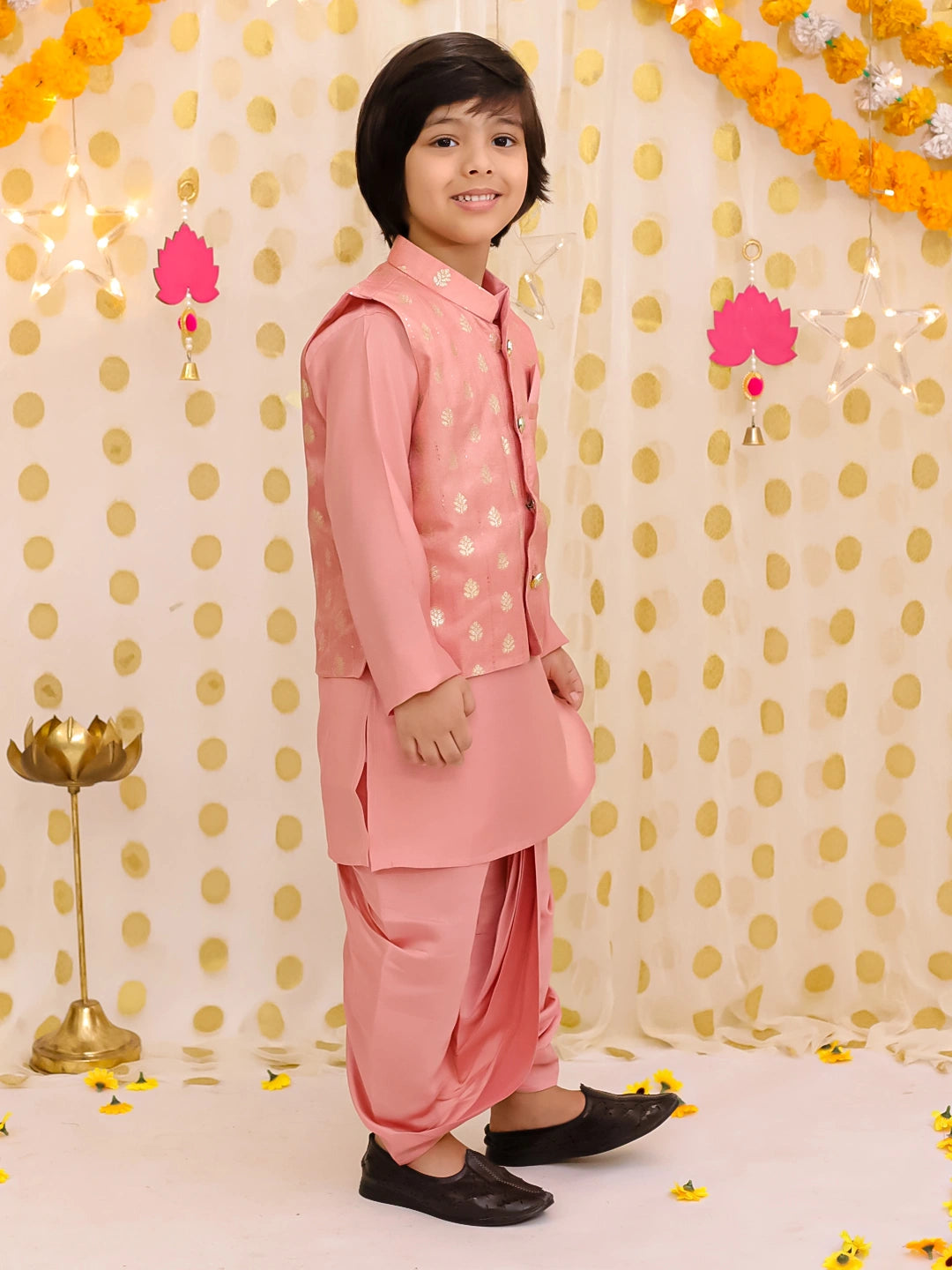 BownBee Festive Chanderi Jacket With Solid Dhoti Kurta Set For Boys