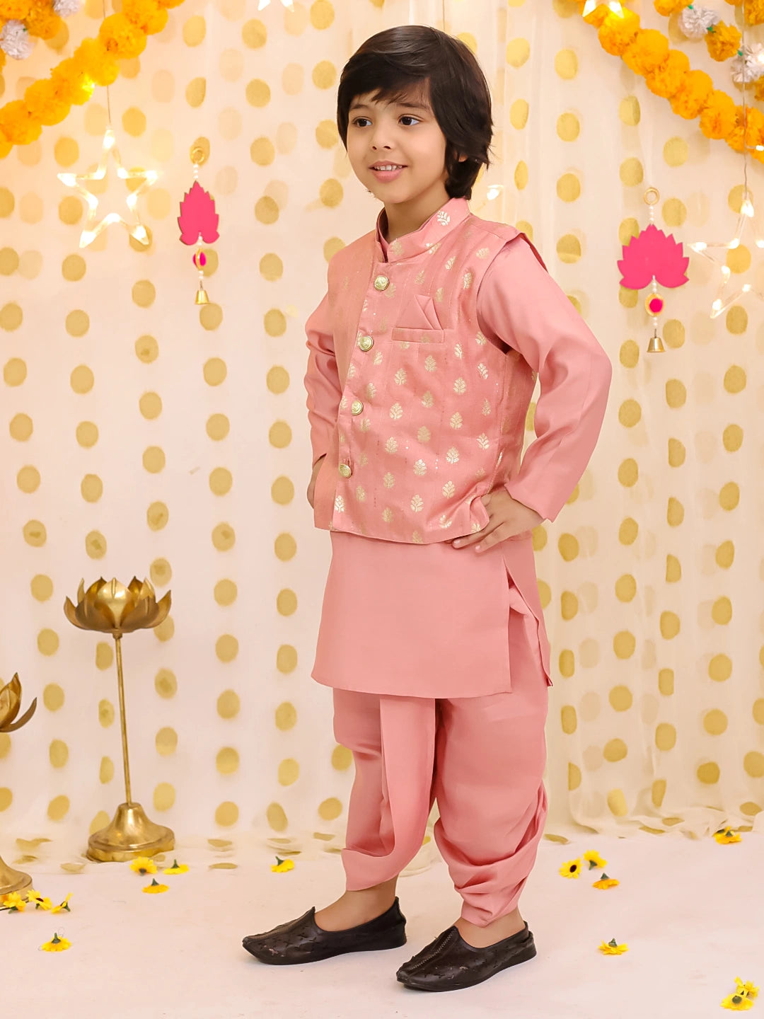 BownBee Festive Chanderi Jacket With Solid Dhoti Kurta Set For Boys