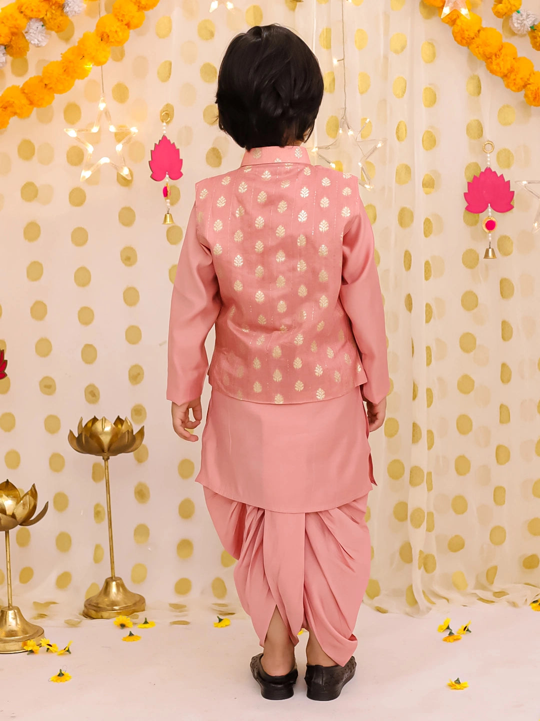 BownBee Festive Chanderi Jacket With Solid Dhoti Kurta Set For Boys