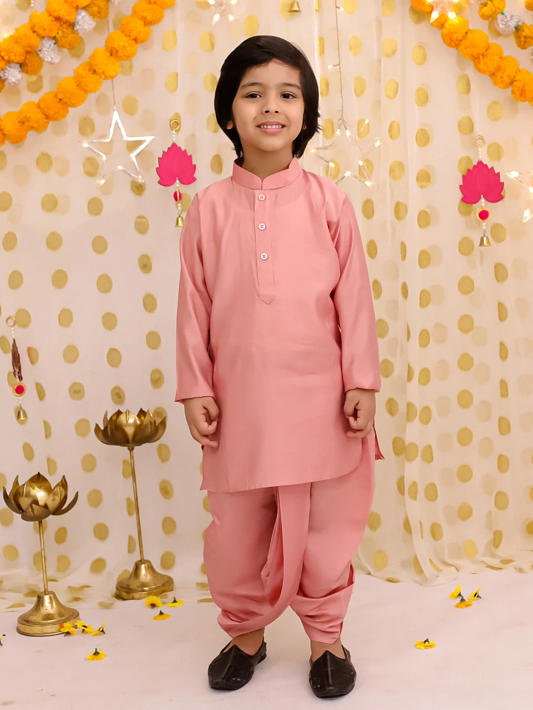 BownBee Festive Chanderi Jacket With Solid Dhoti Kurta Set For Boys