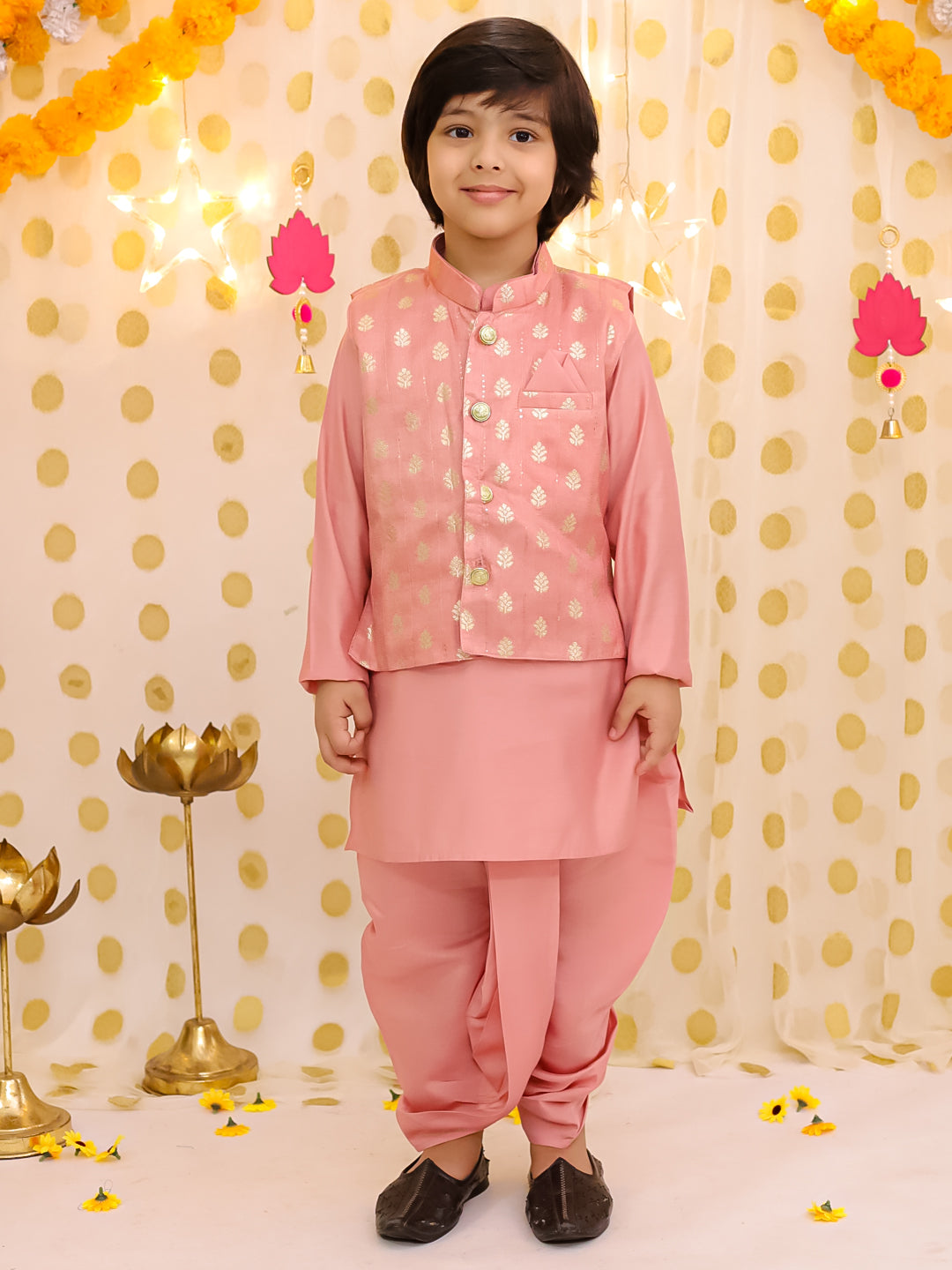 BownBee Festive Chanderi Jacket With Solid Dhoti Kurta Set For Boys - Peach