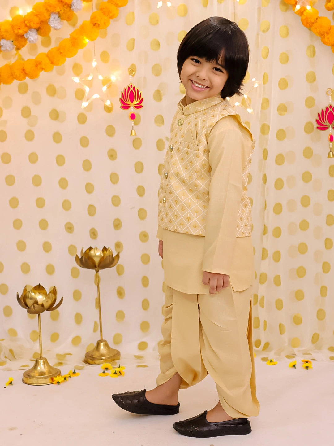 BownBee Festive Linen Jacket With Solid Dhoti Kurta Set For Boys