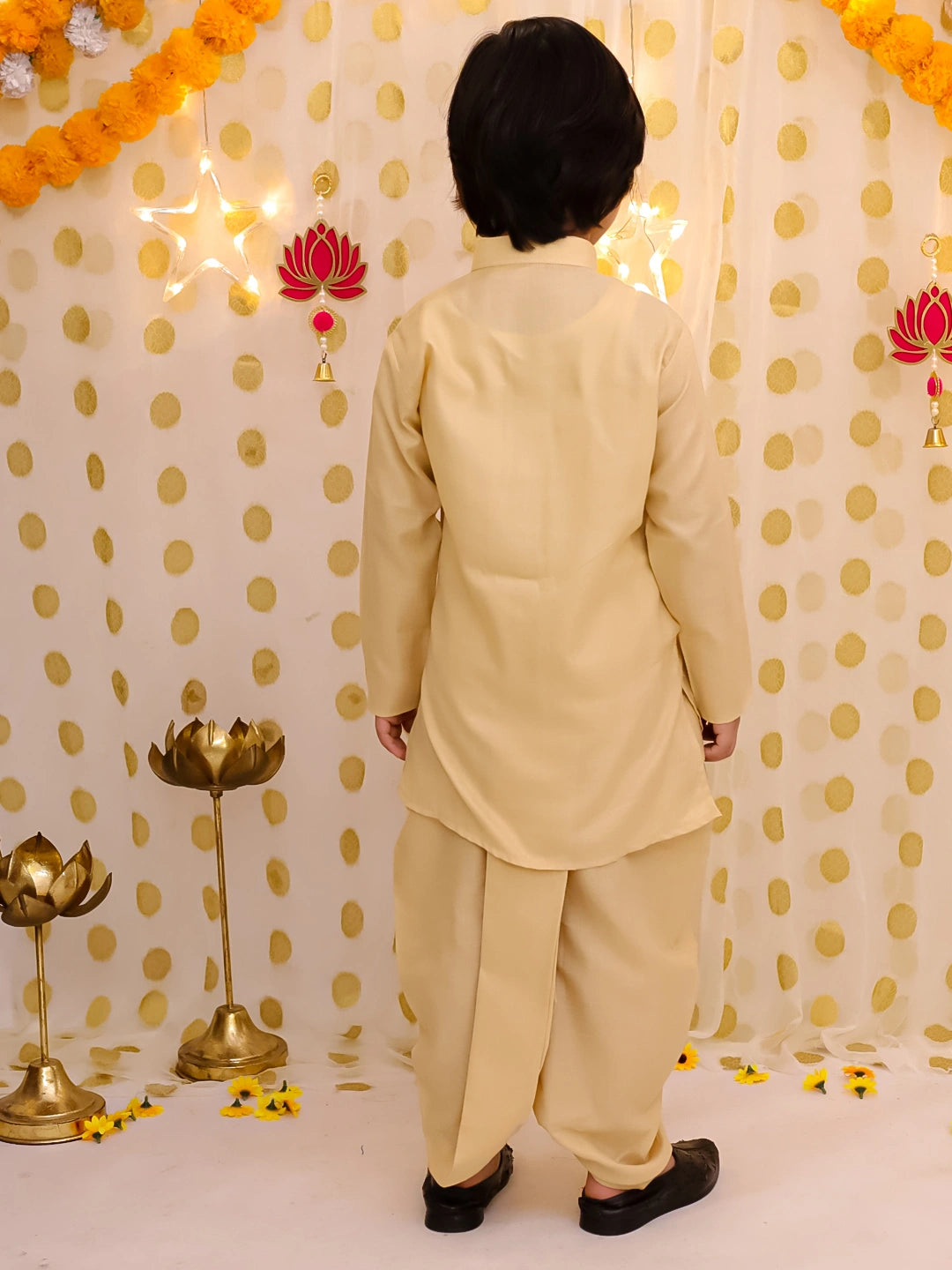 BownBee Festive Linen Jacket With Solid Dhoti Kurta Set For Boys