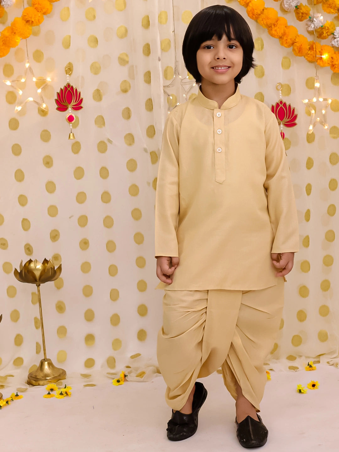 BownBee Festive Linen Jacket With Solid Dhoti Kurta Set For Boys