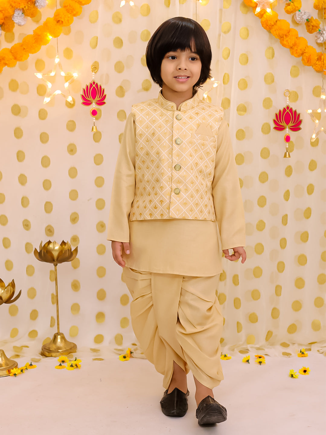 BownBee Festive Linen Jacket With Solid Dhoti Kurta Set For Boys - Golden