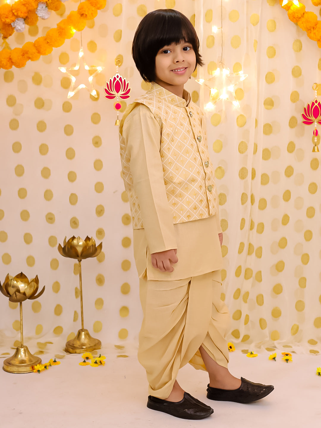 BownBee Festive Linen Jacket With Solid Dhoti Kurta Set For Boys - Golden
