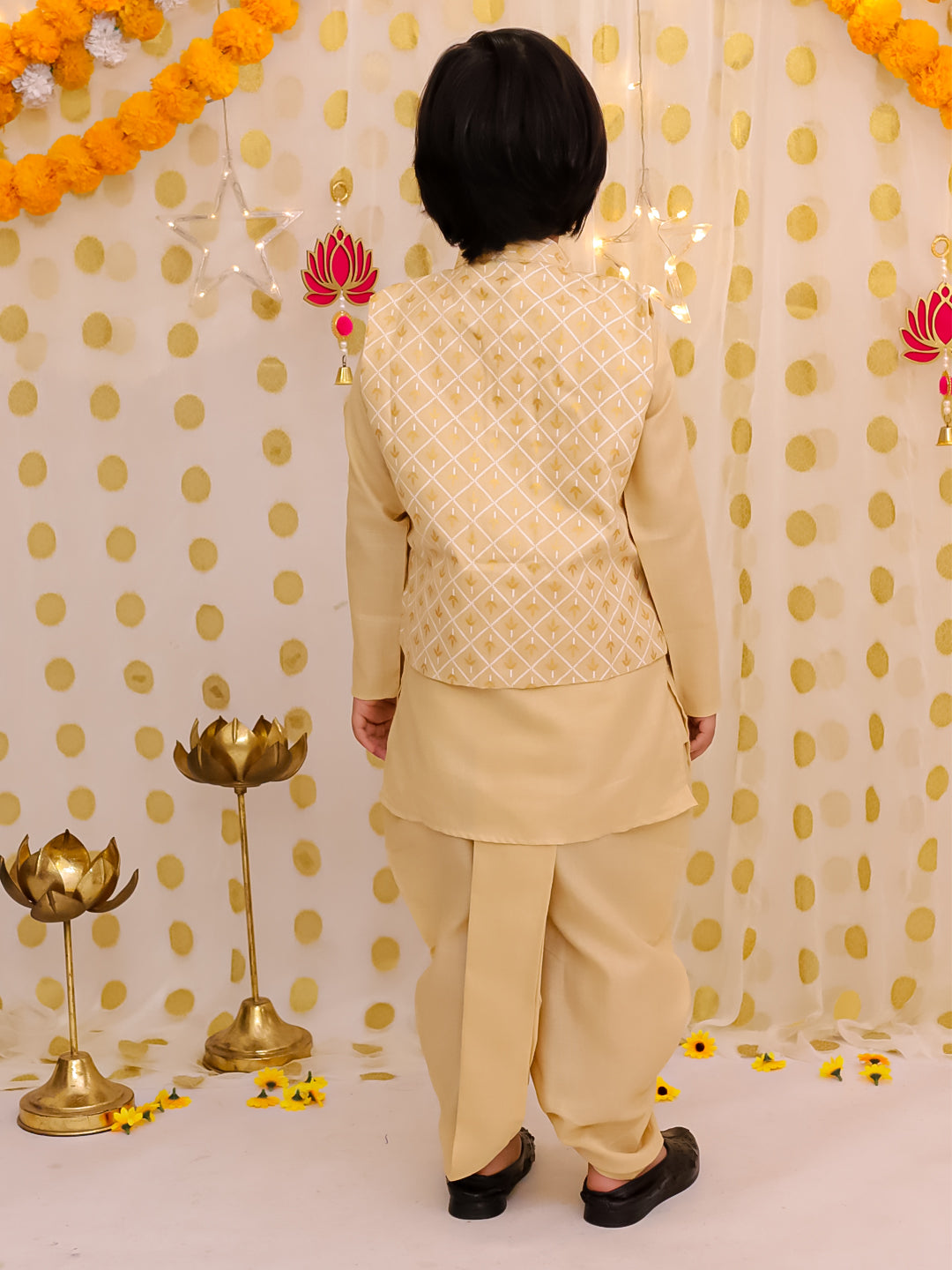 BownBee Festive Linen Jacket With Solid Dhoti Kurta Set For Boys - Golden